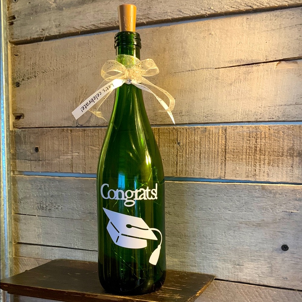 Graduation Green Wine Bottle Decor with Ribbon